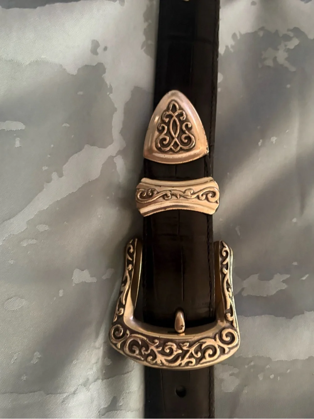 Brighton Black Leather Belt with Ornate Gold Buckle